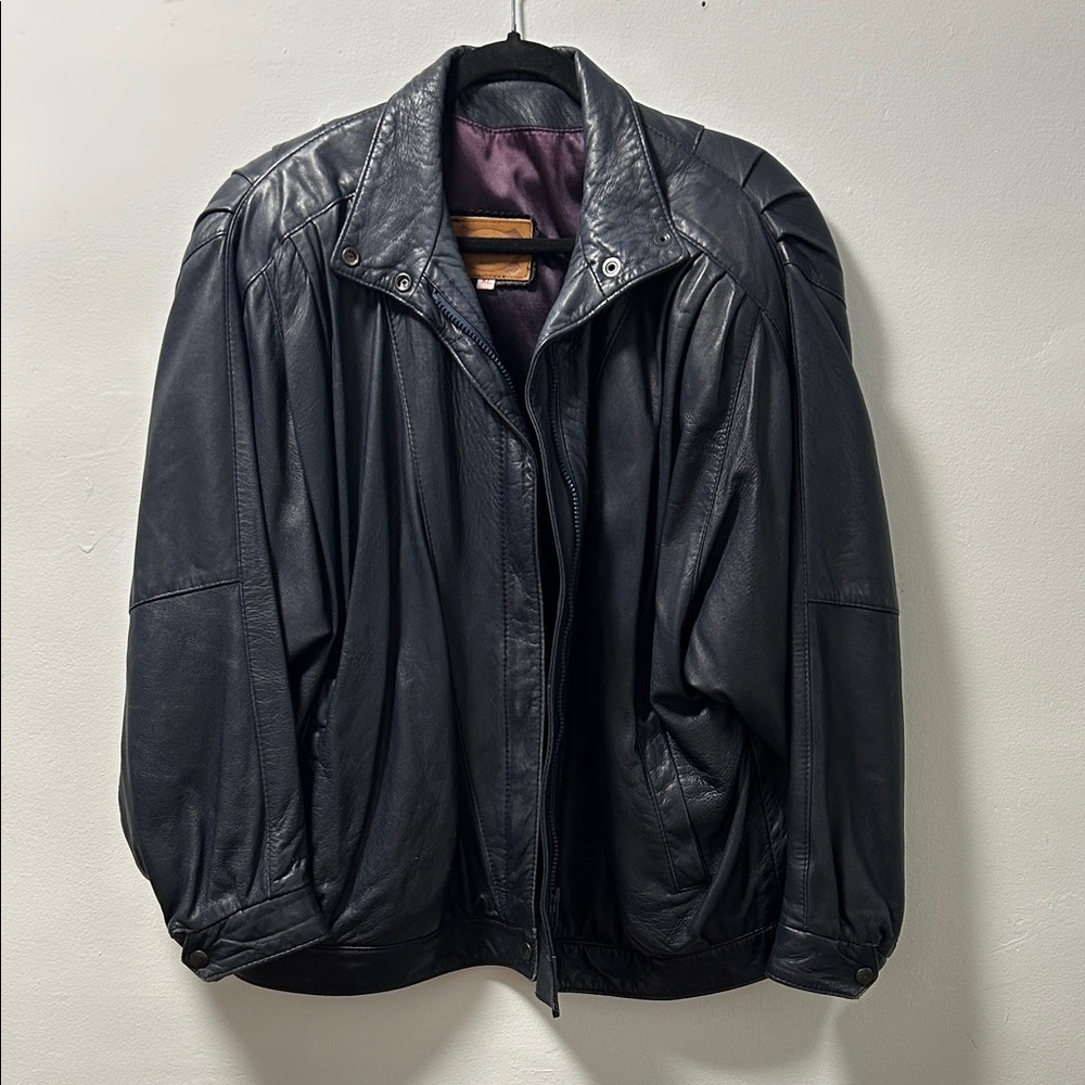 Unisex Deep Navy Leather Bomber Jacket 80s/90s Vintage